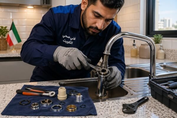 فني يفك حنفية مطبخ