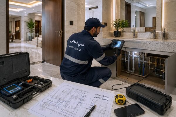 فني صحي يفحص الشبكة الصحية بأجهزة رقمية