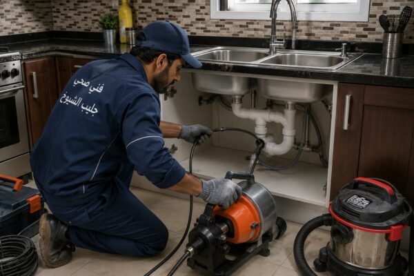 فني صحي يسلك مواسير المطبخ في جليب الشويخ