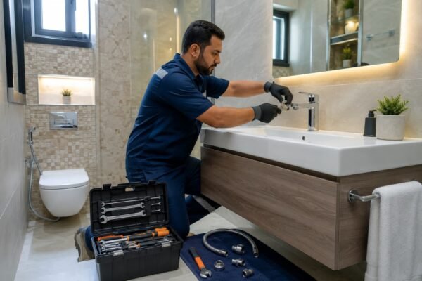 فني صحي يستبدل خلاط مياه في حمام عصري
