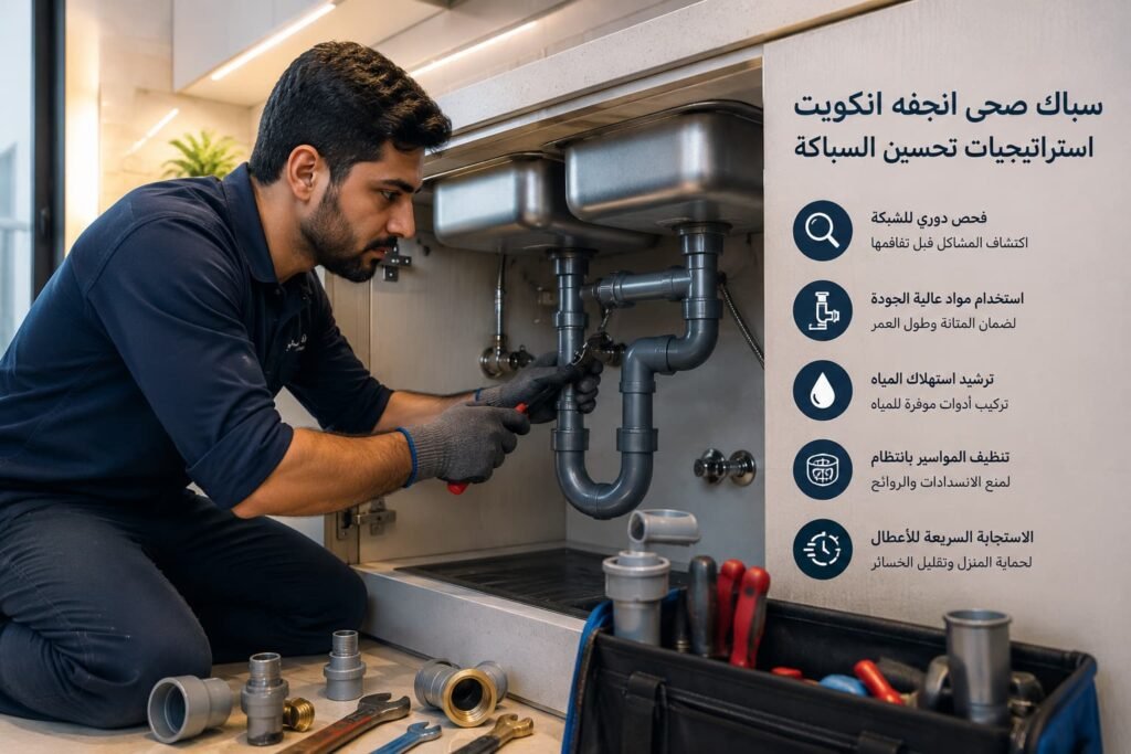 سباك صحي انجفه يعمل على تحسين شبكة السباكة بالكويت