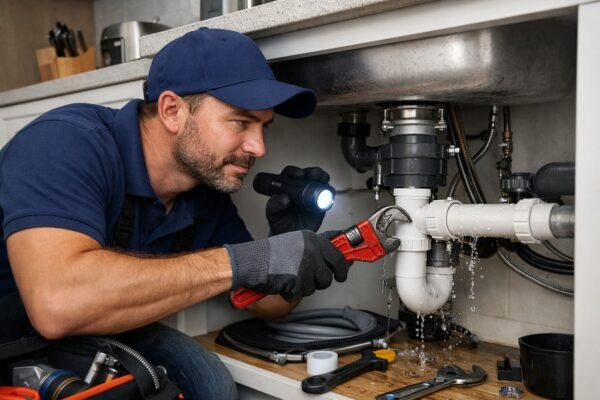 سباك يصلح تسرب مياه أسفل حوض المطبخ في منزل بالسالمية