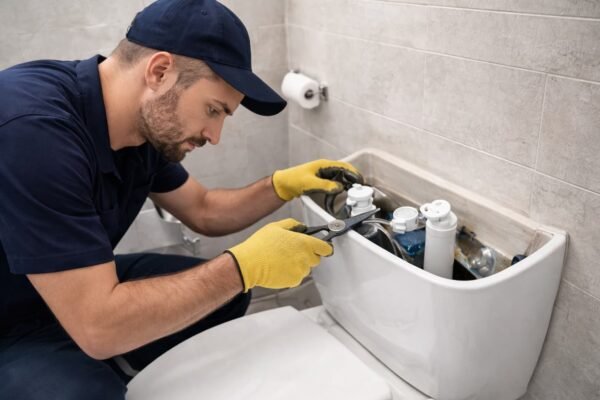 فني صحي يصلح سيفون الحمام