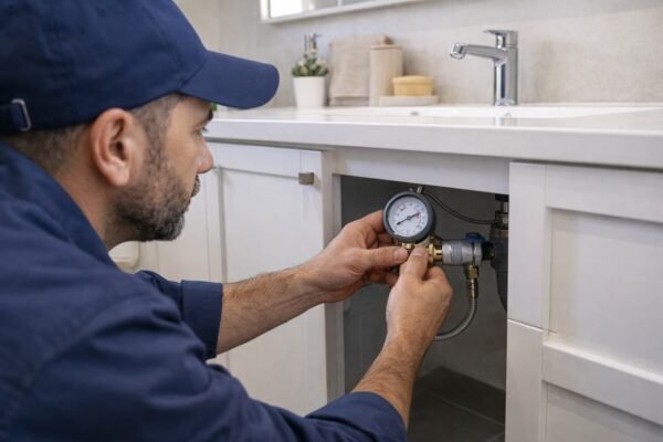 فني صحي يختبر ضغط الماء في حمام حديث بعبدالله المبارك