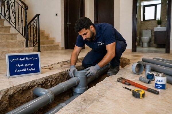فني سباكة يركب مواسير صرف حديثة داخل فيلا