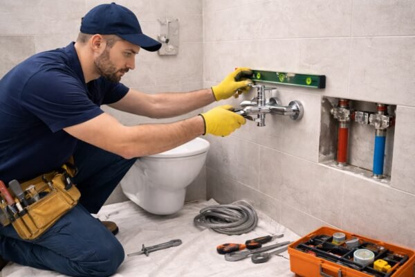 فني صحي يركب خلاط حمام