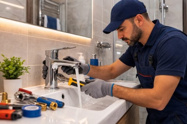 سباك يركب خلاط مياه حديث فوق مغسلة حمام في السالمية