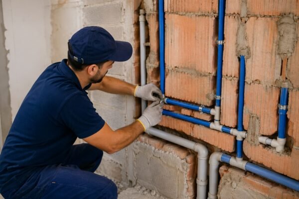 فني يركب تمديدات مياه داخل الجدار