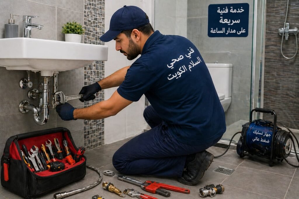 فنى صحى السلام الكويت يعمل على صيانة الأدوات الصحية