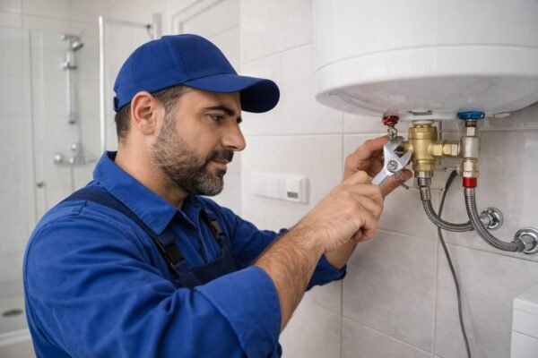 فني صحي يفحص وصلات السخان وصمام الأمان في القصور الكويت