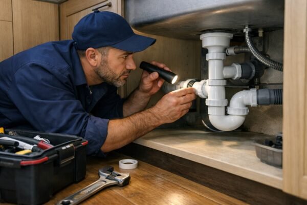 فني صحي يفحص أسفل حوض مطبخ في عبدالله المبارك