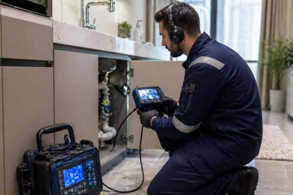 فني يفحص شبكة المياه بأجهزة حديثة