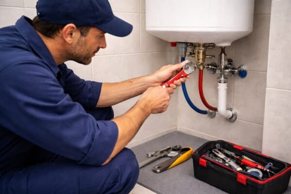 مشهد واقعي لفني صحي يفحص وصلات سخان الماء وصمام الأمان في هدية بالكويت