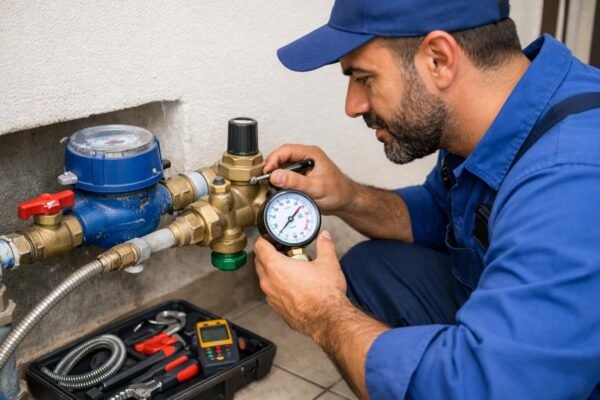 فني صحي يفحص محبس المياه ومنظم الضغط بجوار عداد المياه في القصور الكويت