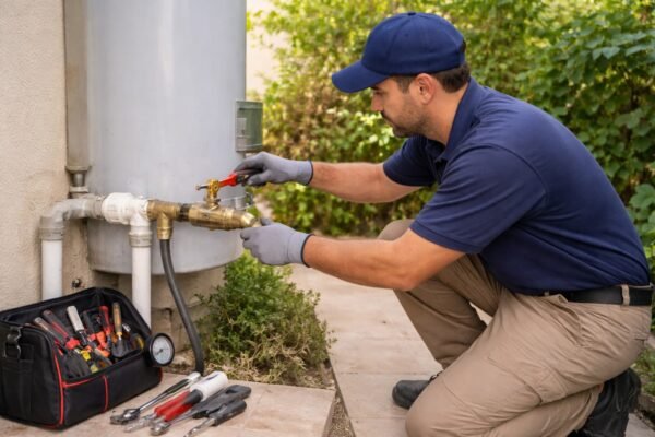 فني صحي يفحص محبس المياه الرئيسي قرب خزان في المنقف