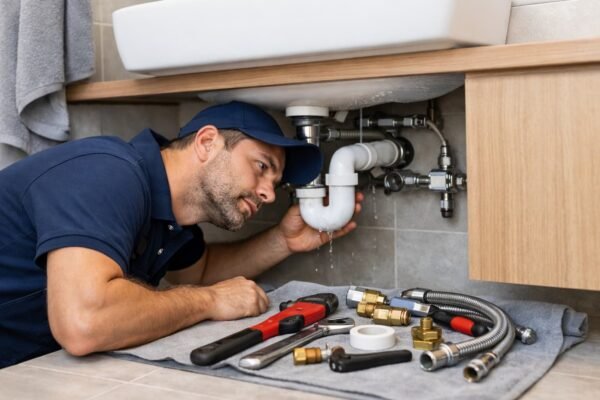 فني صحي يفحص تسريب تحت مغسلة بالنويصب