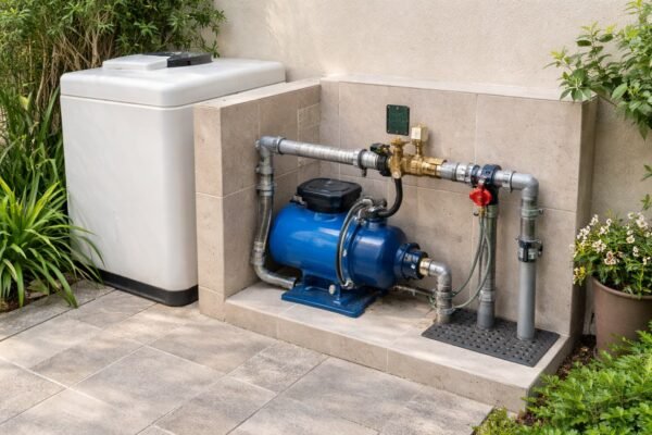 خزان ومضخة مياه مرتبة في فناء منزل بالنويصب