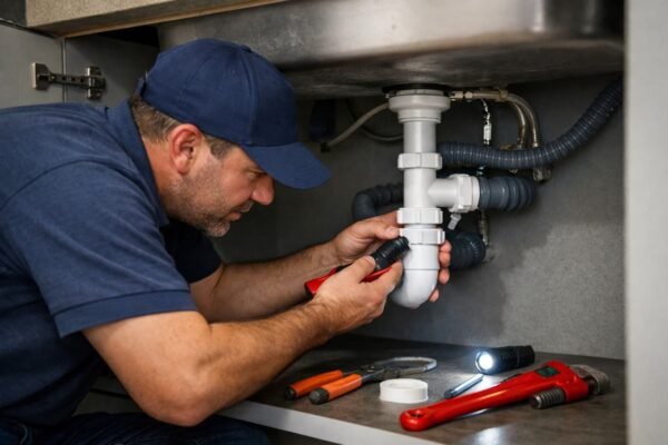 فني صحي يعمل تحت حوض مطبخ ويثبت وصلة جديدة