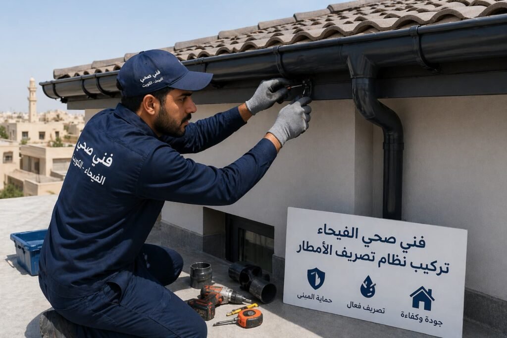 فني صحي الفيحاء لتركيب مزاريب الأمطار