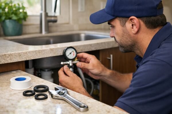 فني صحي يقيس ضغط المياه تحت حوض مطبخ في المنقف