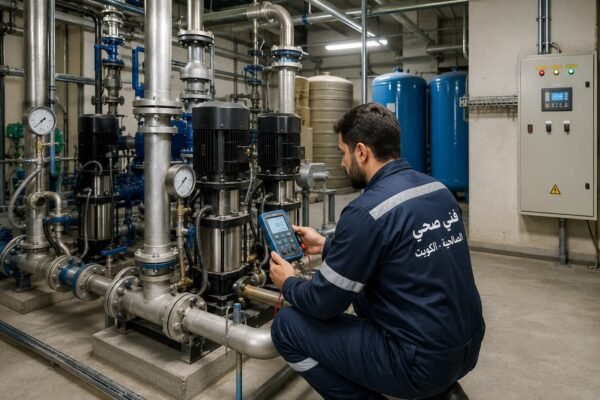 فني صحي يفحص غرفة مضخات المياه بالصالحية