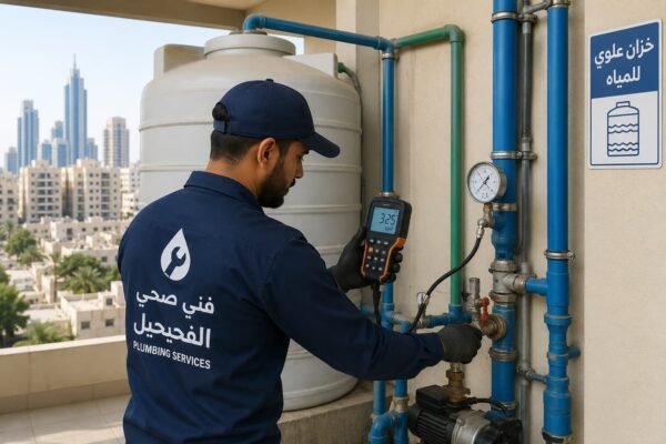 فني صحي يفحص غرفة خدمات المياه بالفحيحيل
