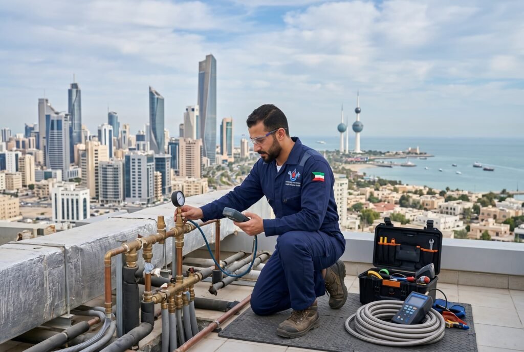 فني صحي القبلة بالكويت يقوم بفحص صمامات وأنابيب شبكة المياه المركزية على سطح مبنى مرتفع، وتظهر خلفه أبراج مدينة الكويت والساحل بوضوح.