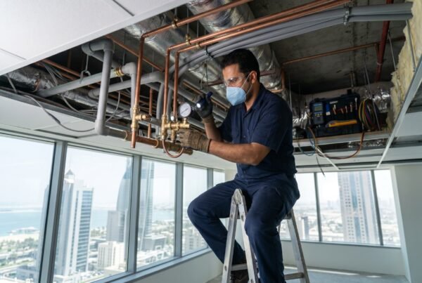 فني صحي القبلة بالكويت يرتدي ملابس العمل والكمامة الواقية أثناء فحص أنابيب المياه النحاسية والبلاستيكية في سقف مستعار لأحد الأبراج التجارية