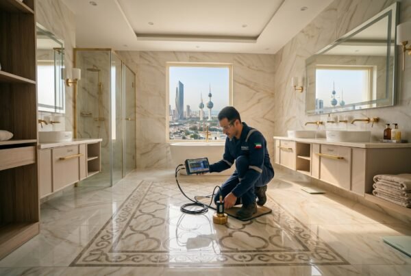 فني صحي القبلة بالكويت يستخدم جهازاً إلكترونياً متطوراً ومجساً صوتياً للكشف عن تسربات المياه فوق أرضية من السيراميك الفاخر داخل حمام واسع.