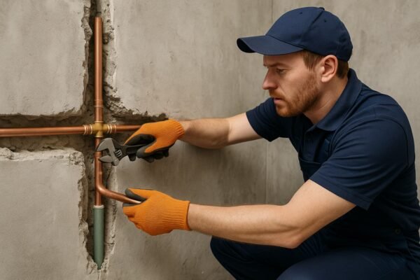 سباك يعمل على تركيب أنابيب المياه في منزل