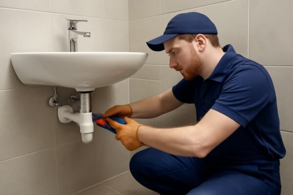 سباك يقوم بصيانة نظام الصرف الصحي في منشأة سكنية