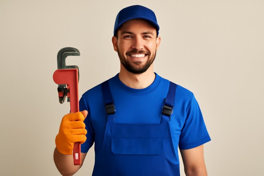 معلم صحي حولي بالكويت يمسك بمفتاح سباكة