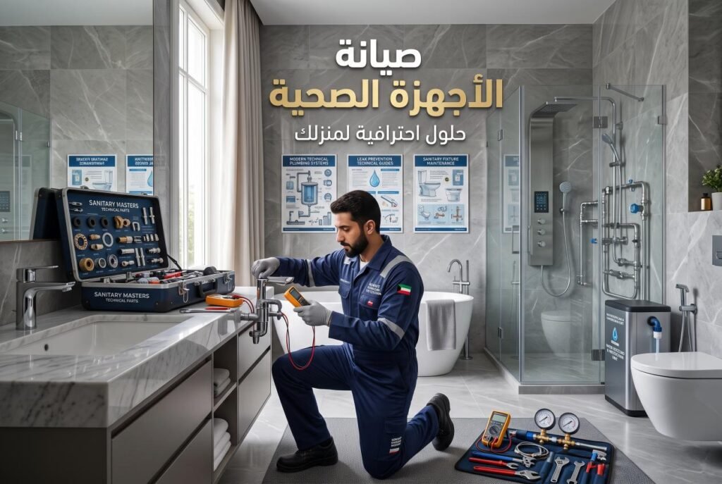 فني صحي يقوم بأعمال صيانة السباكة وإصلاح خلاطات المياه داخل حمام حديث في الكويت