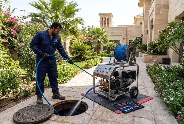 فني يشغل ماكينة ضغط لتسليك بالوعة صرف في حديقة فيلا بالكويت