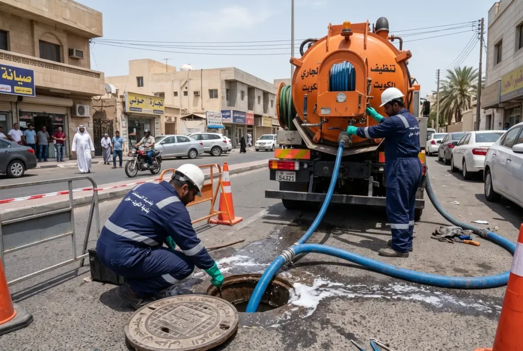 فني لقطة حقيقية في شارع بحولي لفني بملابس رسمية يشغل مضخة ضغط داخل بالوعة رئيسية مفتوحة، وبجواره شاحنة صيانة صفراء يستخدم شاحنة ضغط لتنظيف بالوعة في شارع بحولي الكويت