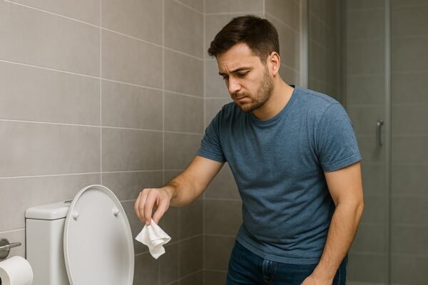 رجل يلقي مناديل داخل مرحاض في حمام حديث