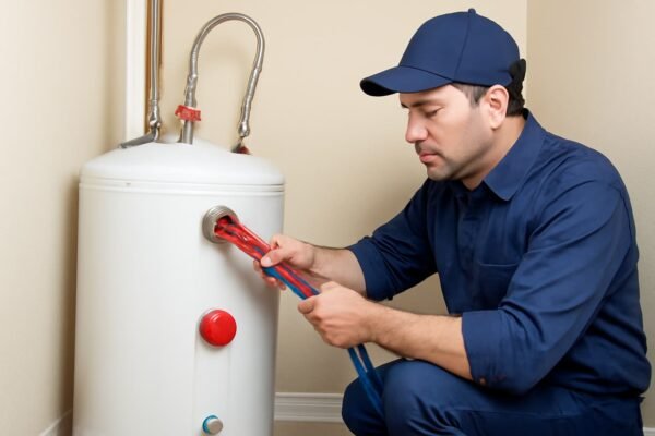 فني صيانة يعمل على تصليح سخان مركزي في منزل بالكويت