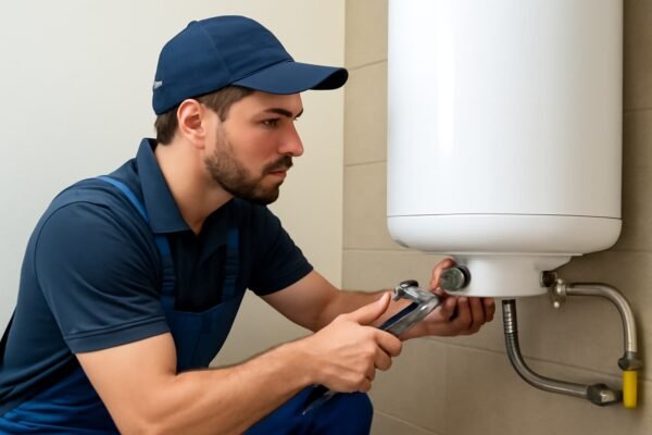 فني صيانة يعمل على تصليح سخان مركزي بالكويت