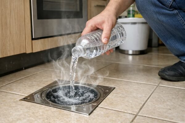 صورة مطبخ واقعية لشخص يصب ماءً في بالوعة أرضية لإعادة ملء السيفون مع بخار خفيف