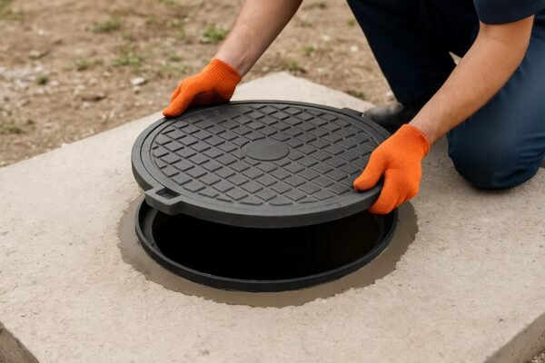 وضع غطاء المنهول داخل الفريم بعد تسوية الطبقة الخرسانية