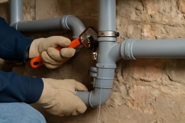 فني صحي يصلح تسريب في أنابيب الصرف الصحي