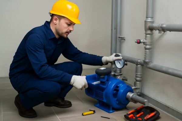 فني يقوم بإجراء الفحص النهائي للمضخة بعد التركيب