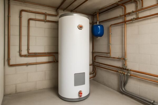 تركيب سخان مركزي مع أنابيب التوصيل في مكان مخصص