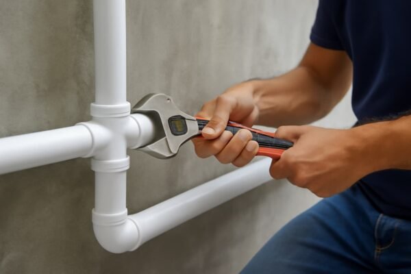 سباك يثبت وصلة الأنابيب بإحكام