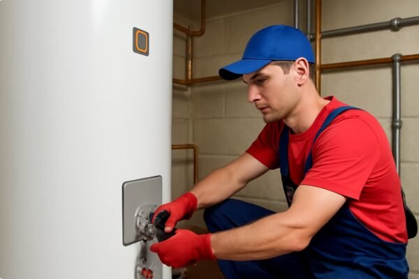 فني تركيب يعمل على تركيب سخان مركزي مع التركيز على توصيل الأنابيب الكهربائية وتوزيع الماء