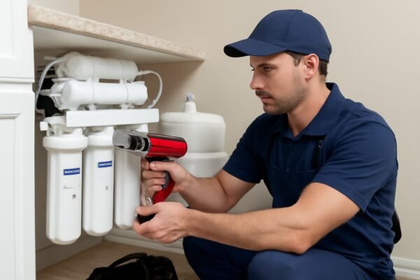 فني معتمد يقوم بتركيب فلتر مياه RO باستخدام المعدات المناسبة في مطبخ حديث.