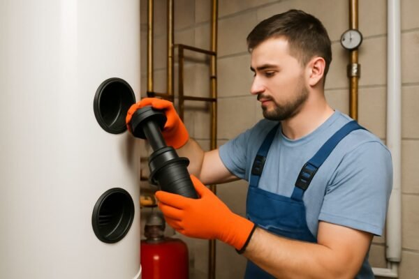 فني يقوم بتنظيف فلاتر السخان المركزي وصيانته للتأكد من أداء أفضل