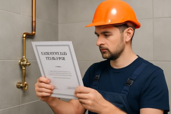 فني صحي يراجع شهادة تدريب