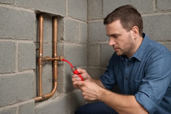 فني صحي يركب أنابيب في الجدار