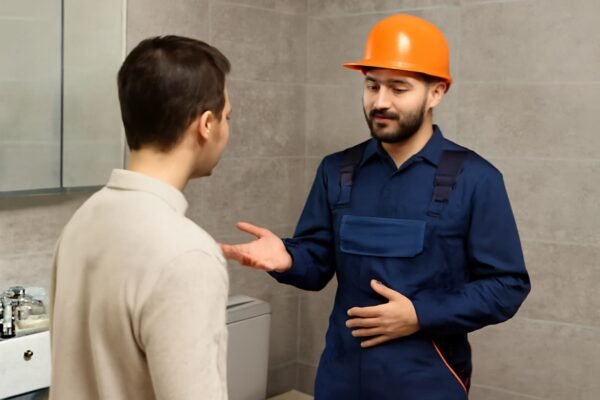فني صحي يشرح عملية الإصلاح للعميل في الحمام